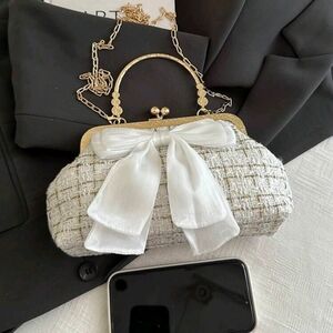 Chic White Tweed Clutch with Gold Chain